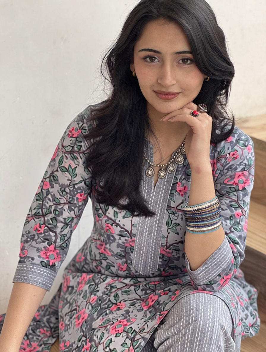 Grey Floral Cotton Co-Ord Set