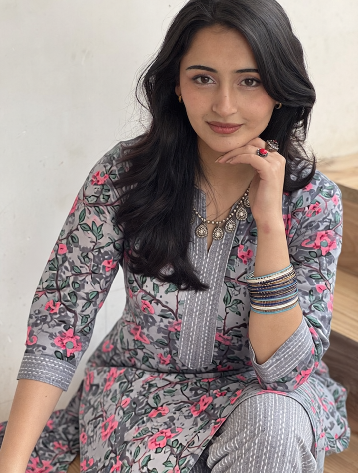 Grey Floral Cotton Co-Ord Set