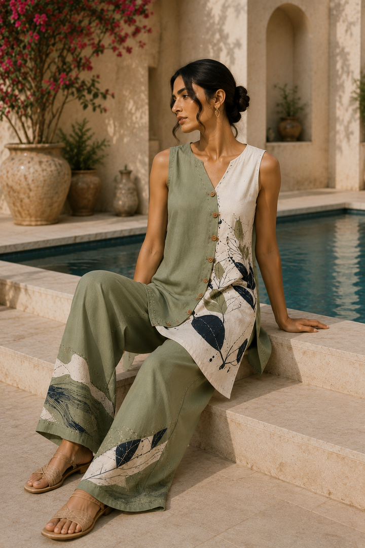 Sage Green Cotton Linen Blend Co-ord Set for Women |  Kurta Set