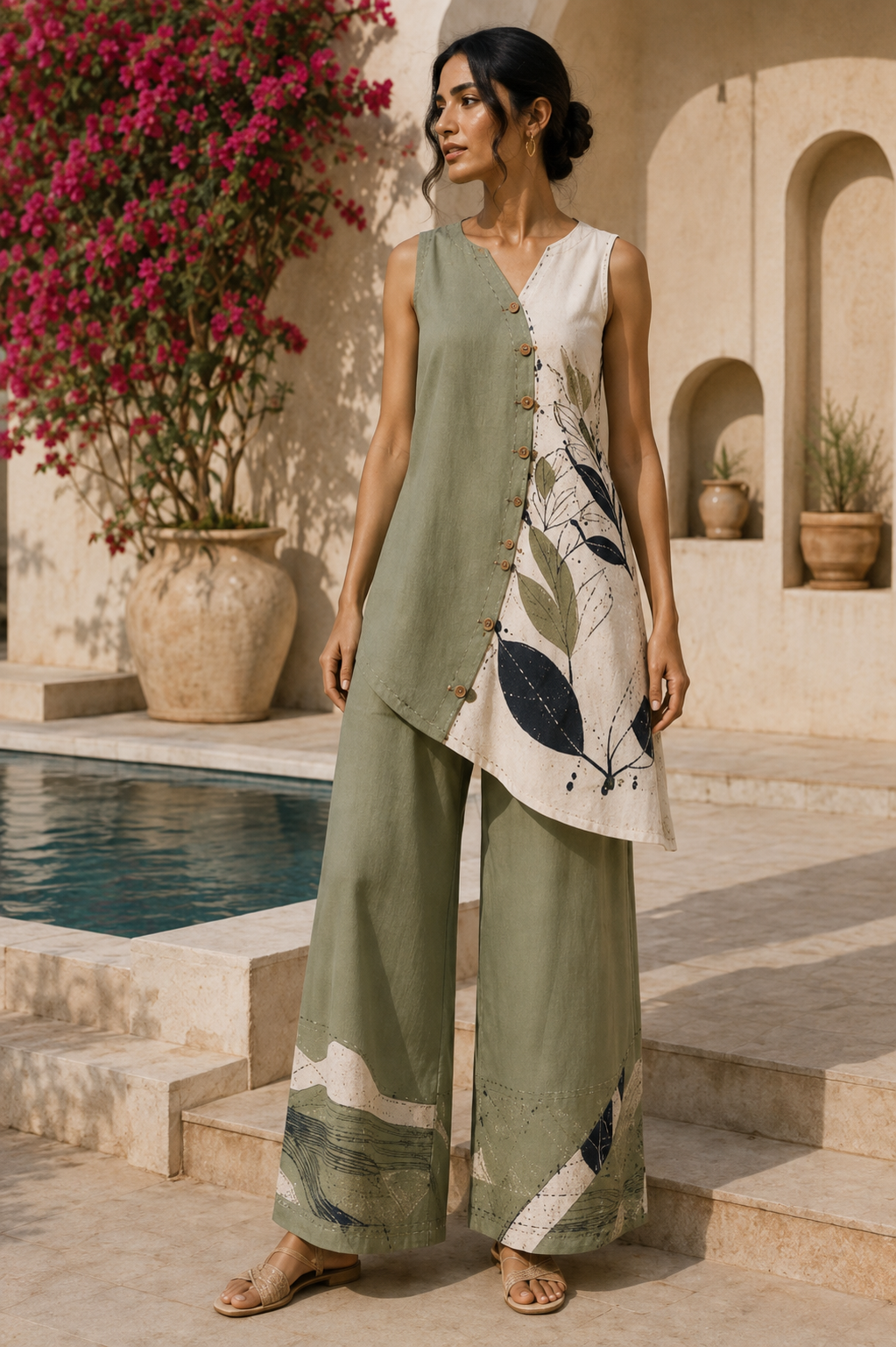 Sage Green Cotton Linen Blend Co-ord Set for Women |  Kurta Set