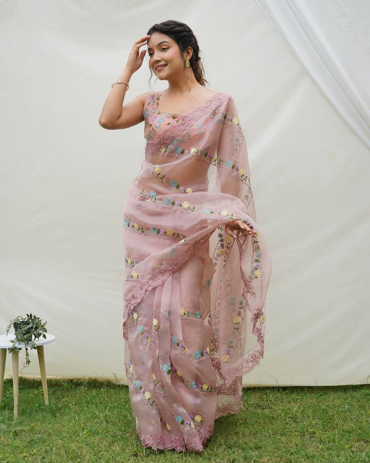 Organza Saree with Embroidery Thread Work