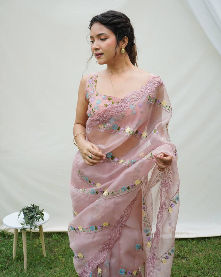 Organza Saree with Embroidery Thread Work