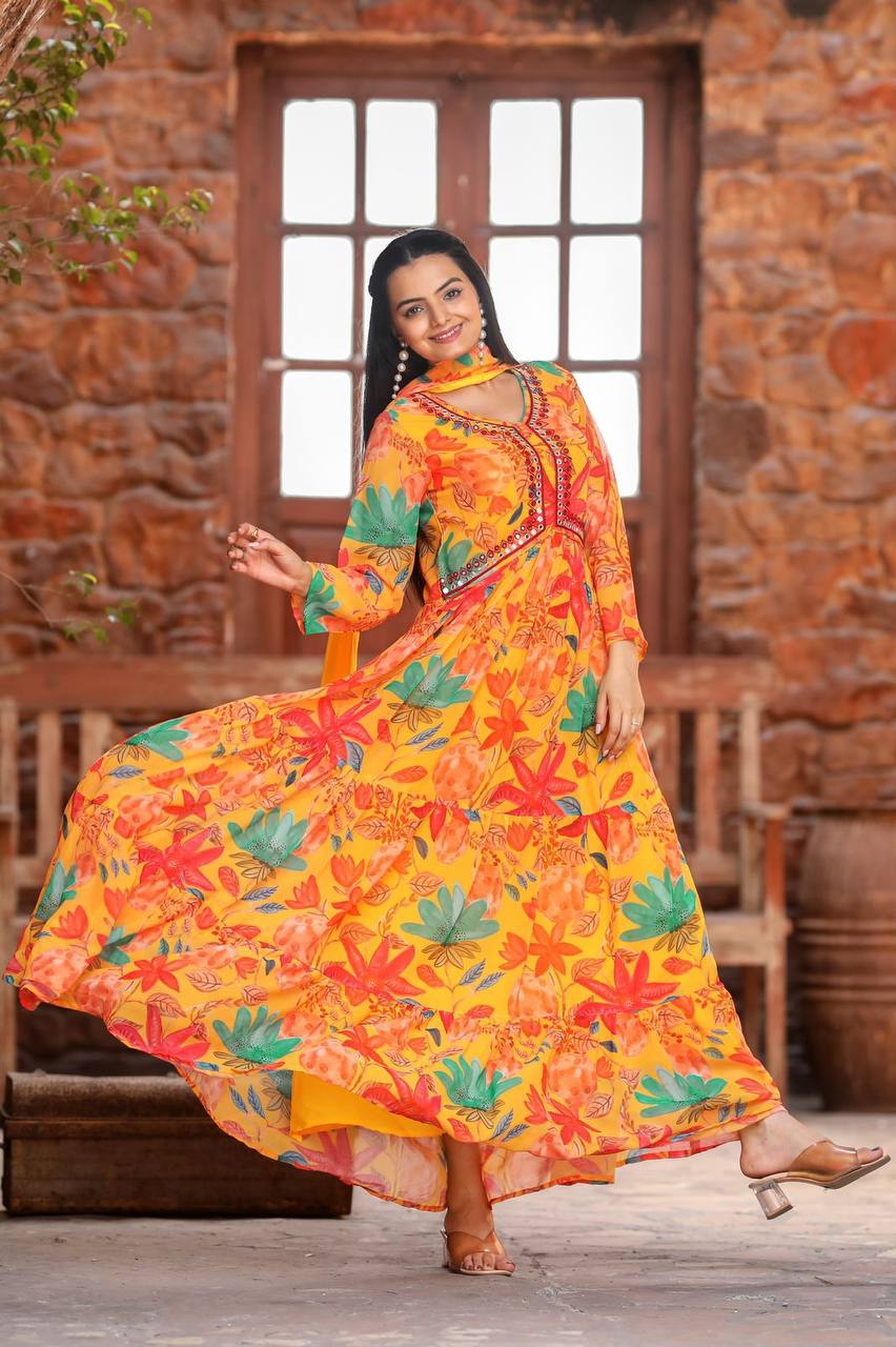 MULTICOLOURED ANARKALI WITH MIRROR WORK