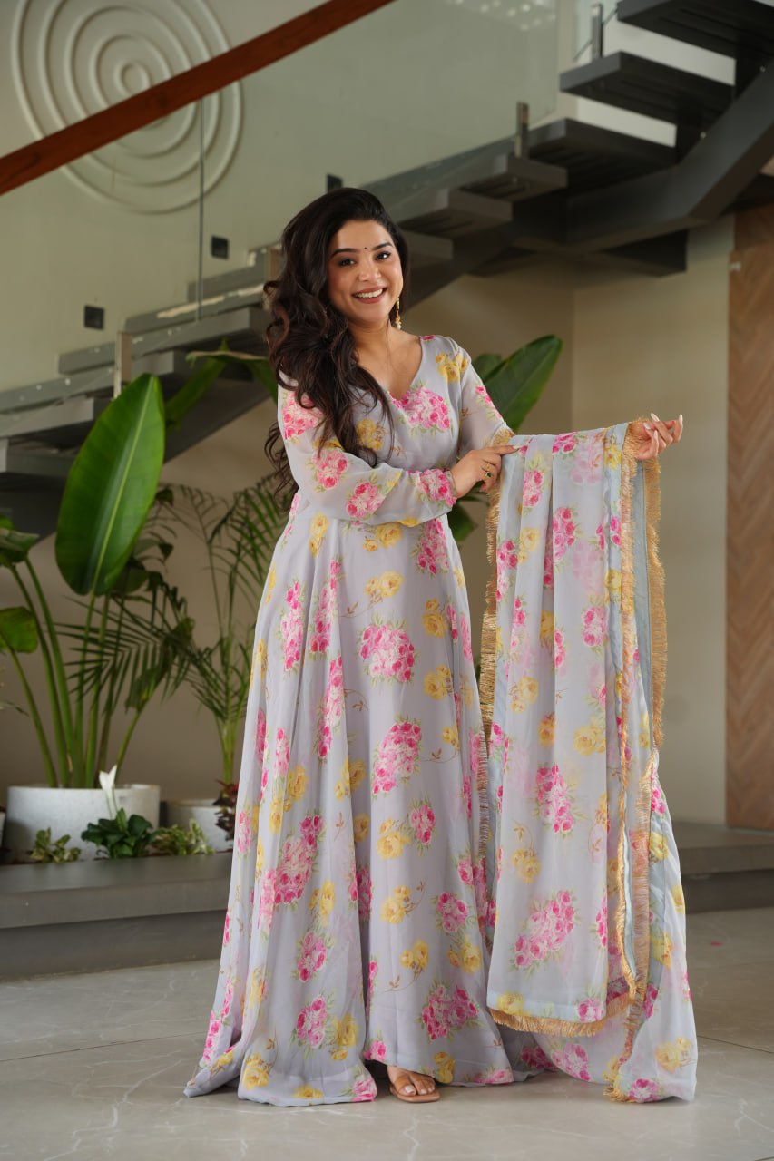 BEAUTIFUL GRAY SUIT FLORAL GOWN :3 piece suit(top,bottom&dupatta)