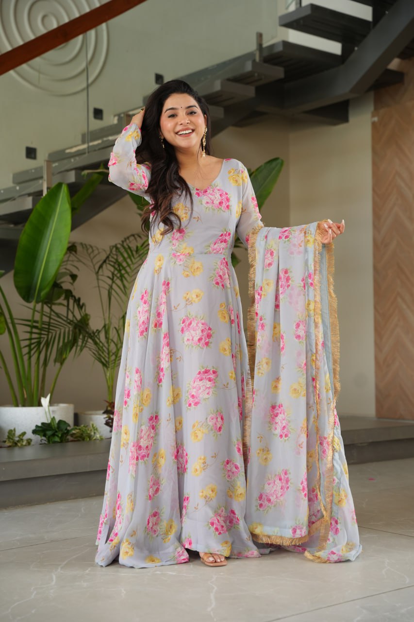 BEAUTIFUL GRAY SUIT FLORAL GOWN :3 piece suit(top,bottom&dupatta)