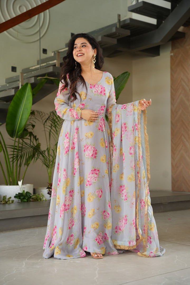 BEAUTIFUL GRAY SUIT FLORAL GOWN :3 piece suit(top,bottom&dupatta)