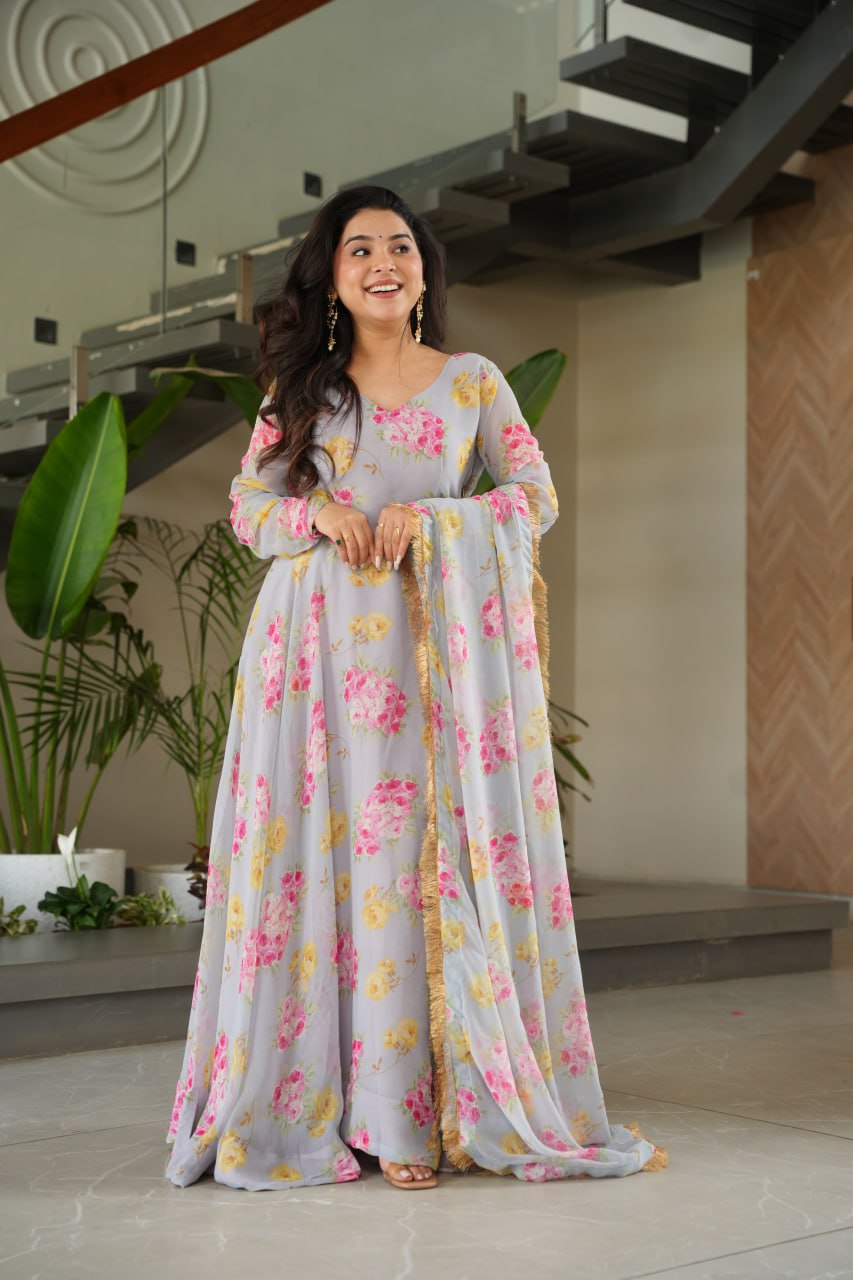BEAUTIFUL GRAY SUIT FLORAL GOWN :3 piece suit(top,bottom&dupatta)