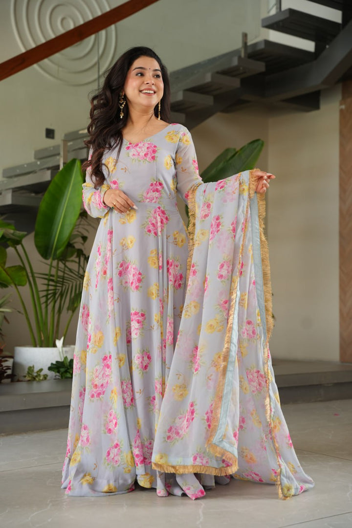 BEAUTIFUL GRAY SUIT FLORAL GOWN :3 piece suit(top,bottom&dupatta)