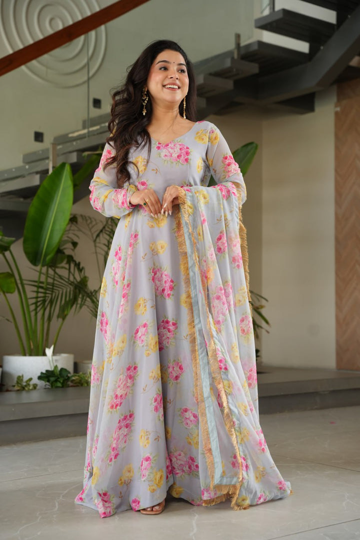 BEAUTIFUL GRAY SUIT FLORAL GOWN :3 piece suit(top,bottom&dupatta)