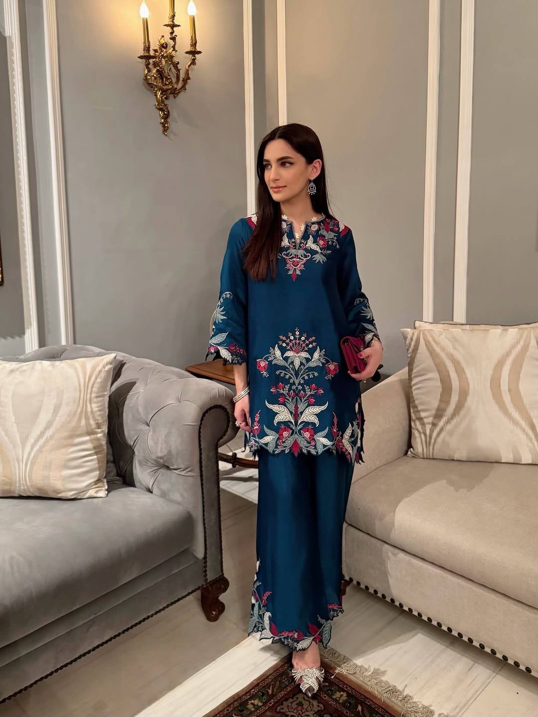 Roselle French Crepe Embroidered Palazzo Set