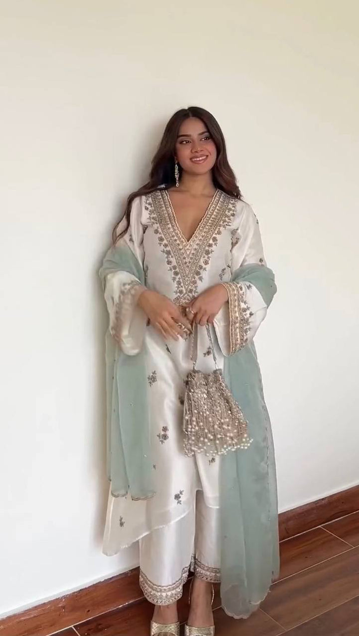 Exclusive Roman Silk 3-Piece Plazzo Set With Sequin Embroidered Organza Dupatta