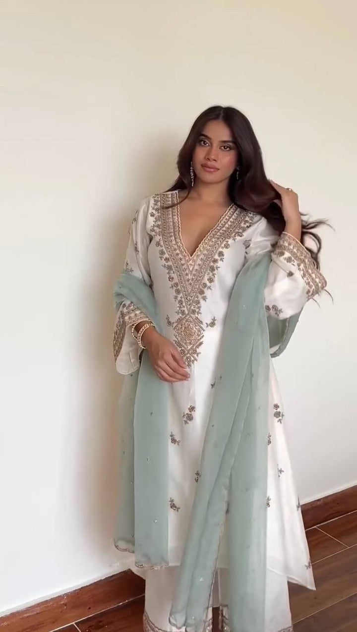 Exclusive Roman Silk 3-Piece Plazzo Set With Sequin Embroidered Organza Dupatta