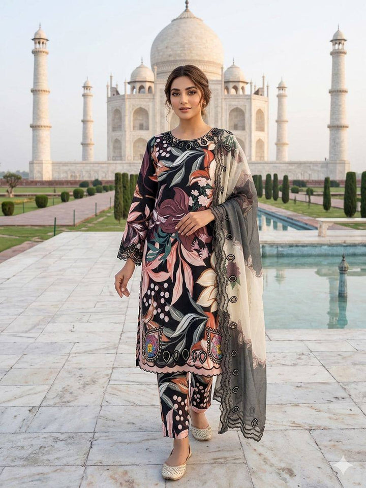 Elara Printed Maslin Embroidered Suit Set