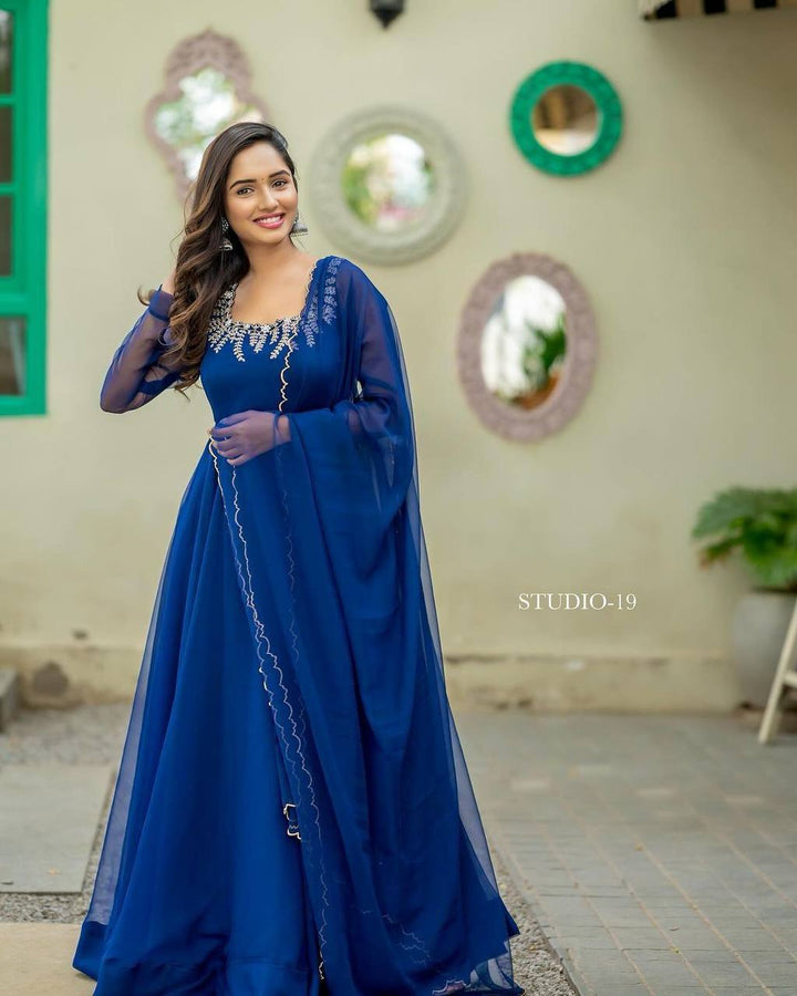 Royal Blue Flirty Floral Anarkali Gown With Dupatta