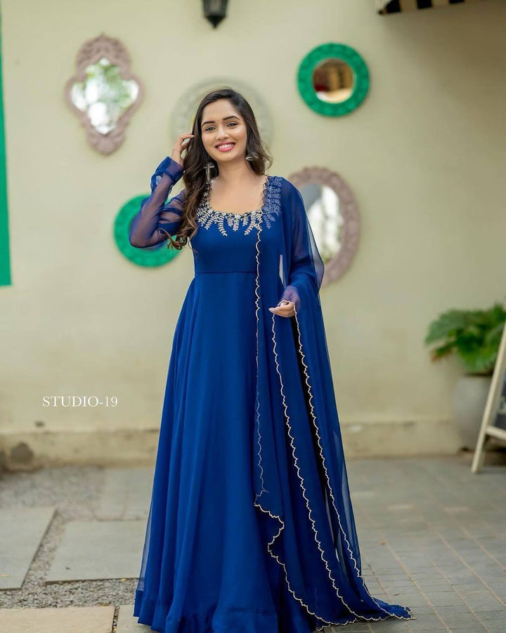 Royal Blue Flirty Floral Anarkali Gown With Dupatta