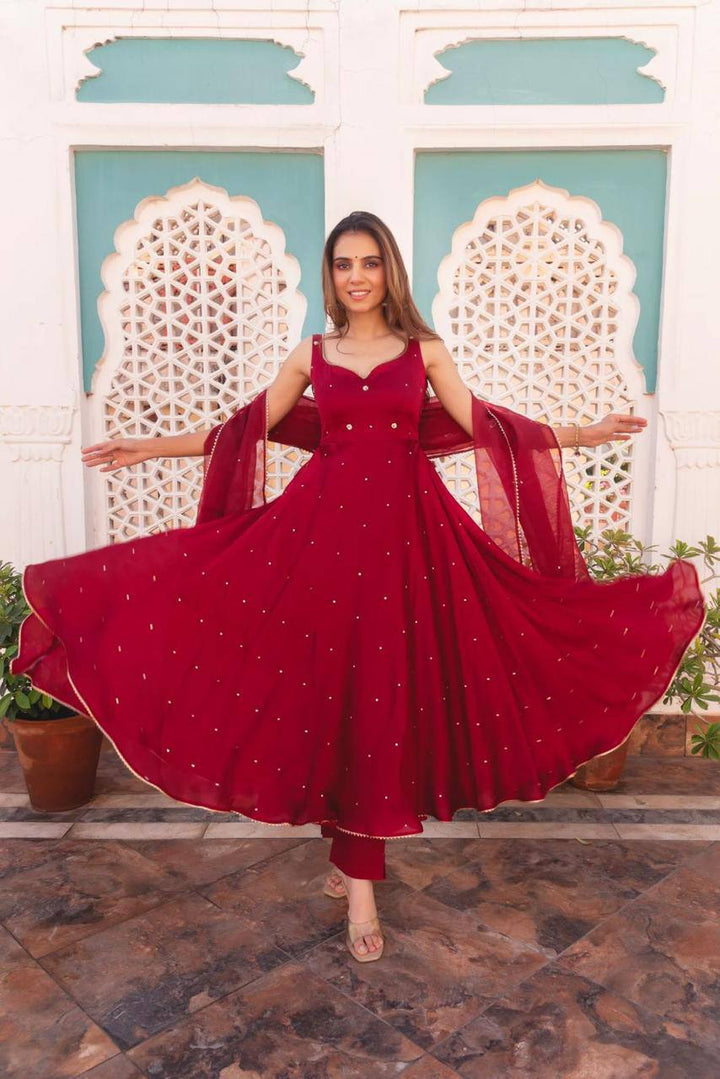 Red Flirty Floral Grorgette Anarkali Suit Set