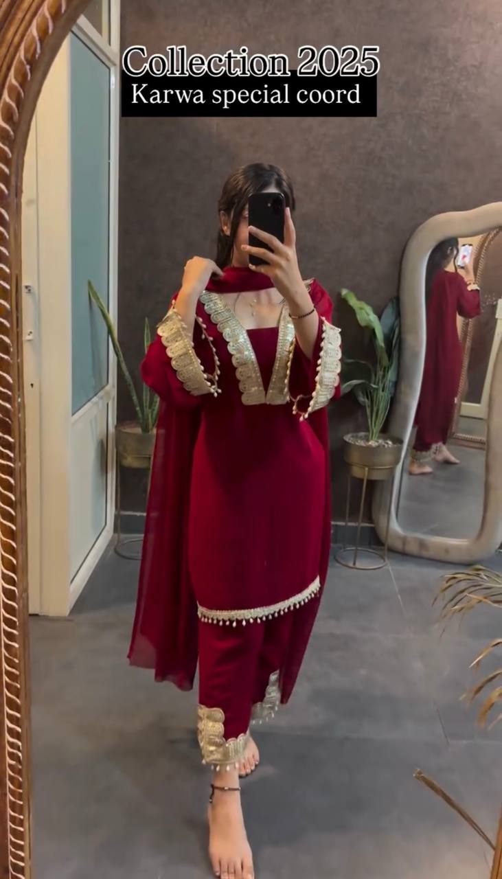 Red Designer Faux Georgette Embroidered Set