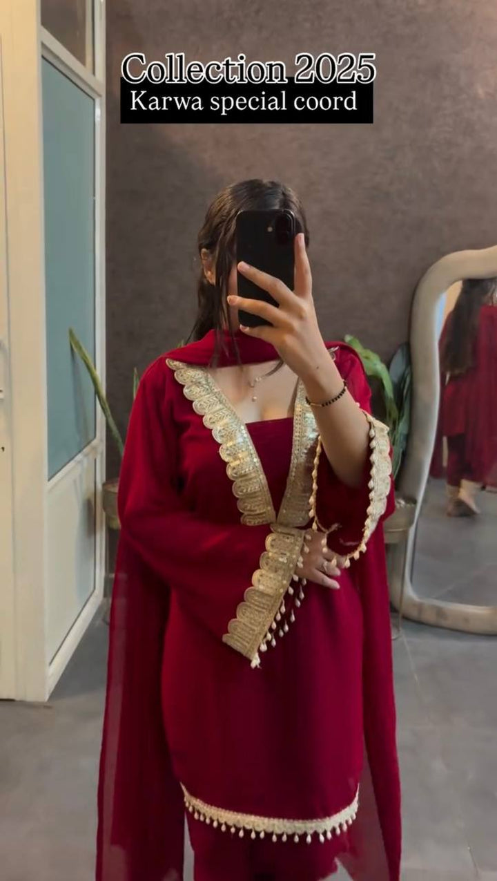 Red Designer Faux Georgette Embroidered Set