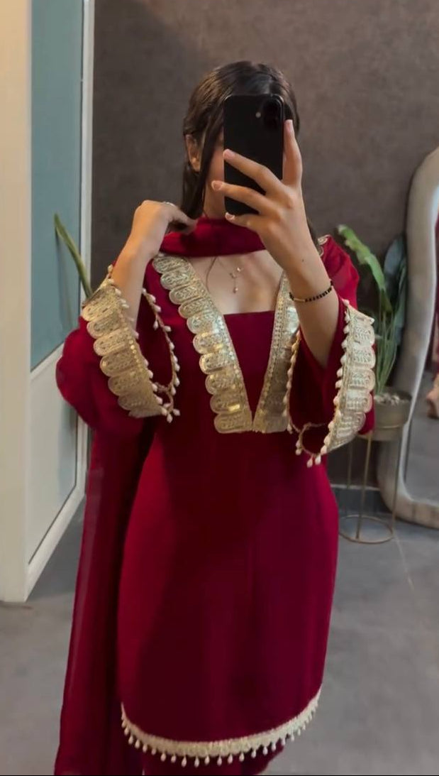 Red Designer Faux Georgette Embroidered Set