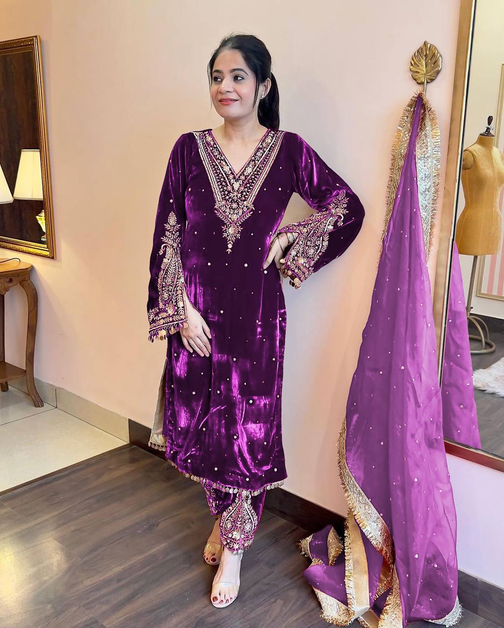 Designer Party Wear Viscose Velvet Palazzo Set with Dupatta"