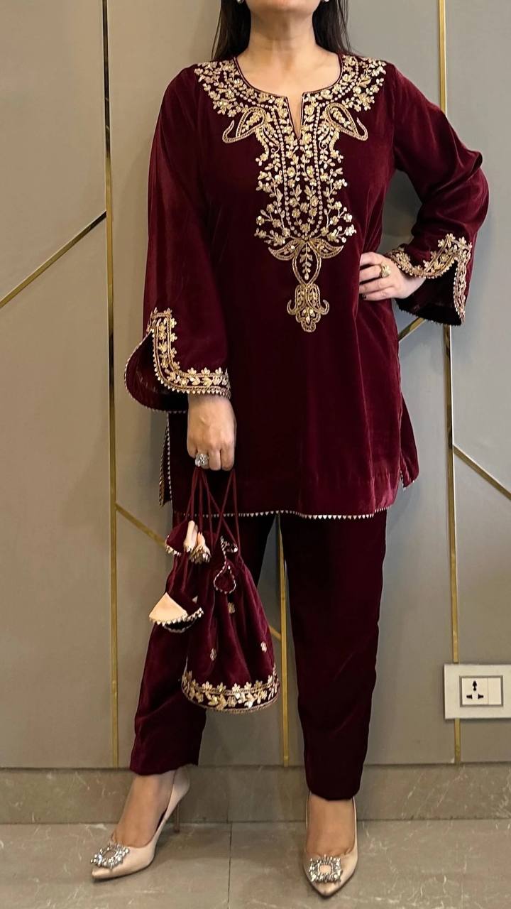 Designer Heavy Viscose Velvet With Emboridered Work Co-ord Set