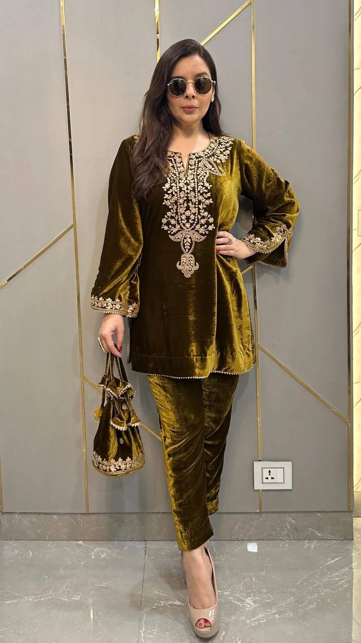 Designer Heavy Viscose Velvet With Emboridered Work Co-ord Set