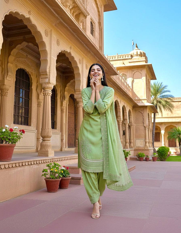 Designer Party Wear Crepe Farshi Palazzo Set With Dupatta
