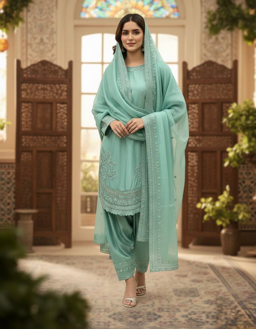 Designer Party Wear Crepe Farshi Palazzo Set With Dupatta