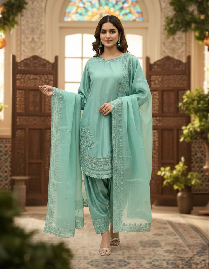 Designer Party Wear Crepe Farshi Palazzo Set With Dupatta