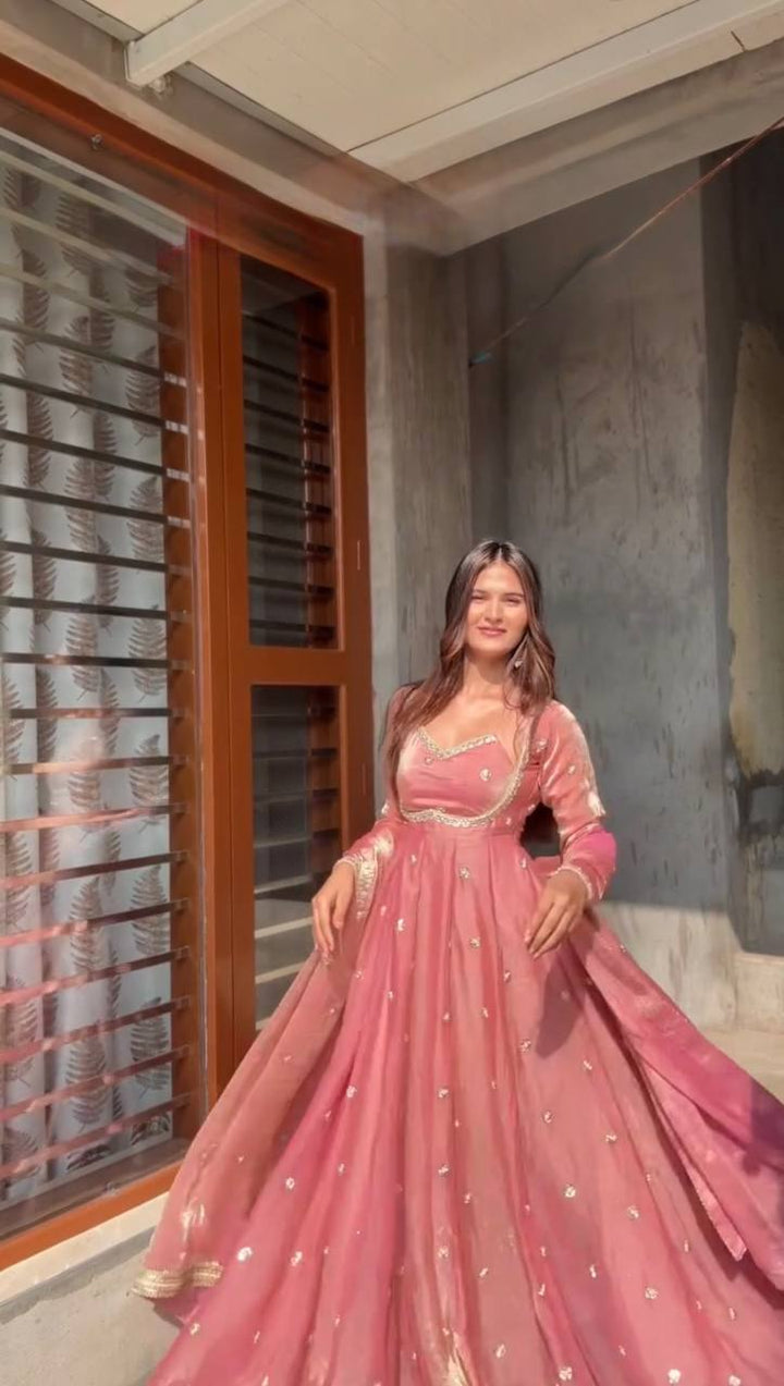 Baby Pink Fendy Silk Flair Anarkali Suit Set
