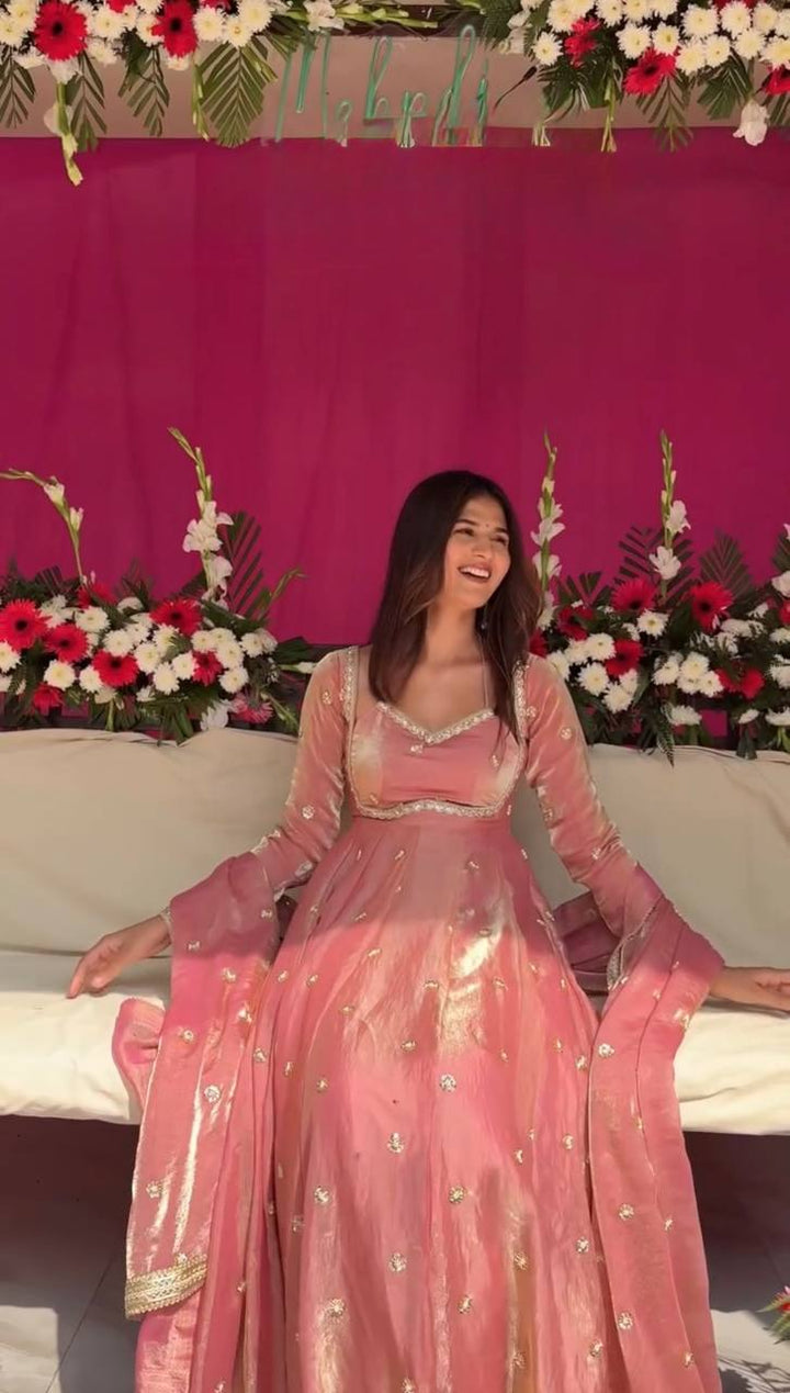 Baby Pink Fendy Silk Flair Anarkali Suit Set