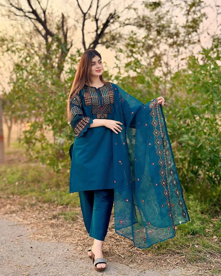 TRENDING ROMAN SILK FABRIC TOP PANT WITH DUPATTA :3 piece suit(top,bottom&dupatta)