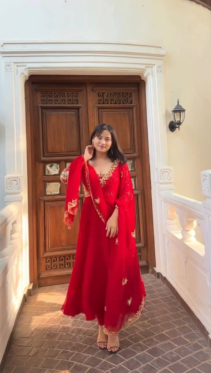 Redefine Festive Elegance with Our Designer Georgette Gown Set