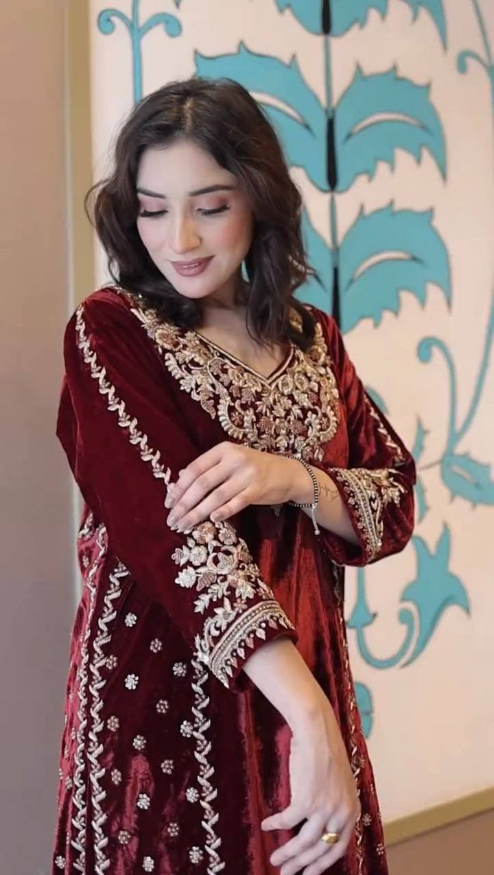 Red Velvety Grace Embroidered Ensemble