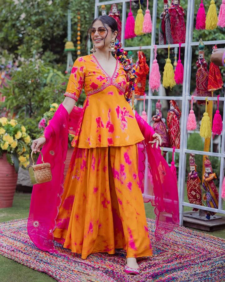 MUSTARD AND PINK PEPLUM SHARARA SET