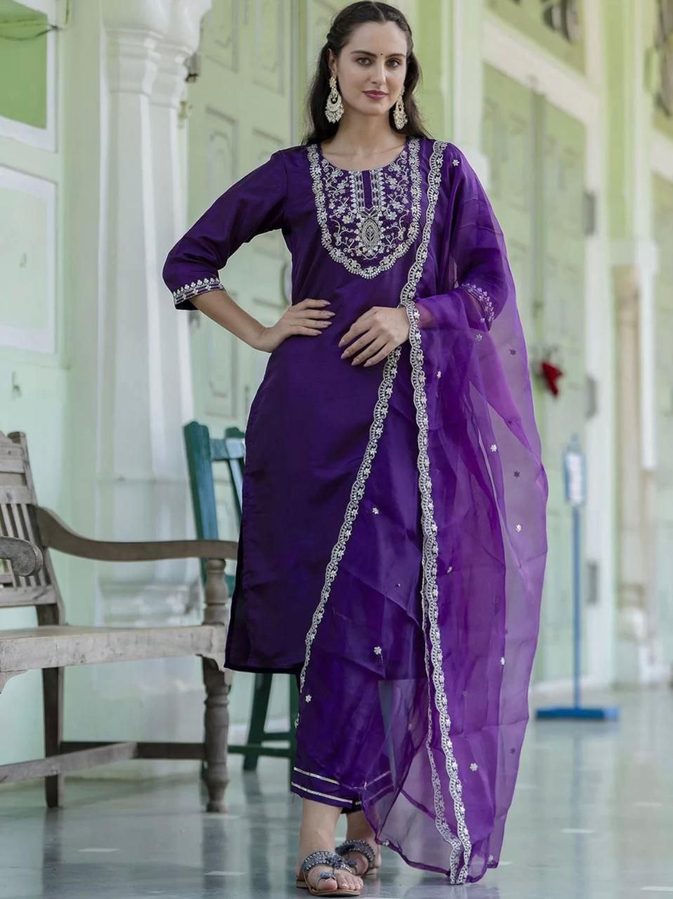 Luxurious Roman Silk Embroidery Work Kurta Set With Organza Dupatta