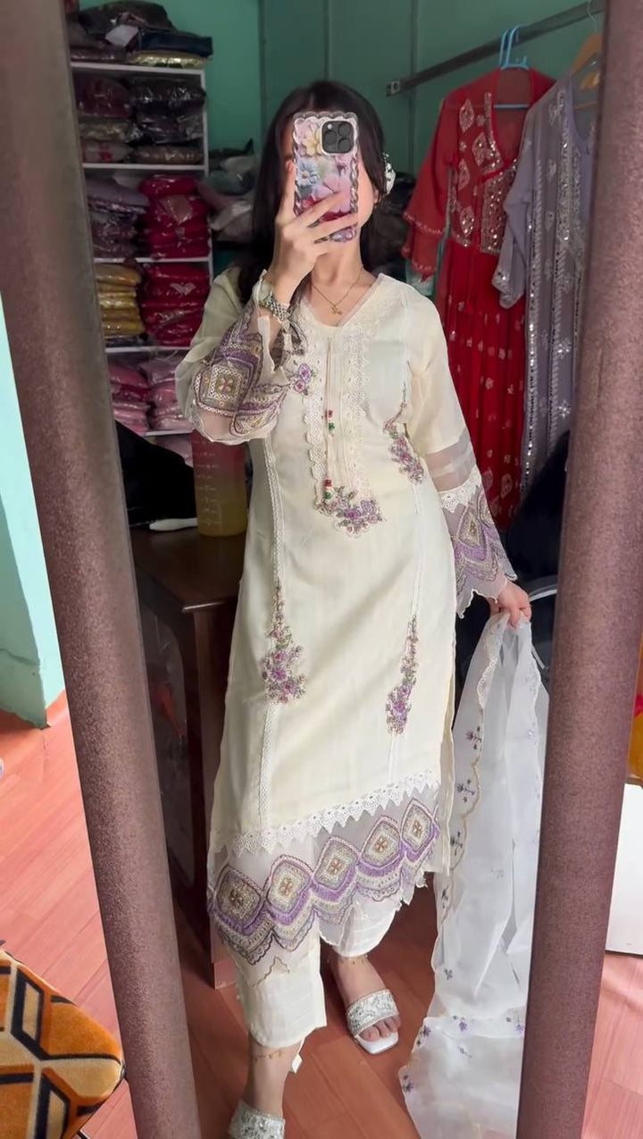 NEW EMBROIDERY WORK WHITE KURTA PANT WITH DUPATTA SET :3 piece suit(top,bottom&dupatta)
