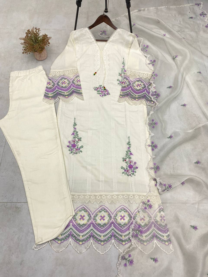 NEW EMBROIDERY WORK WHITE KURTA PANT WITH DUPATTA SET :3 piece suit(top,bottom&dupatta)