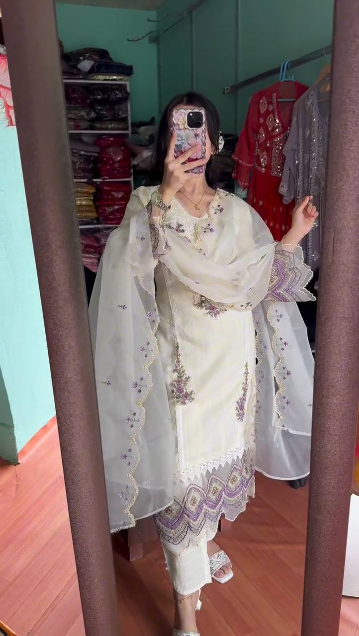 NEW EMBROIDERY WORK WHITE KURTA PANT WITH DUPATTA SET :3 piece suit(top,bottom&dupatta)