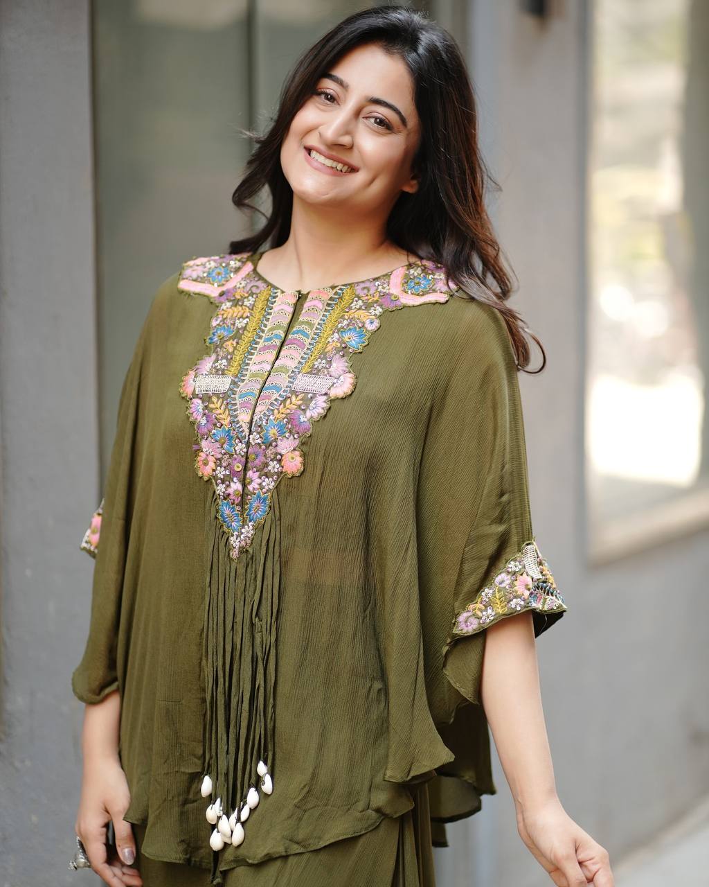 Olive Green Chinon Embroidered Co-Ord Set
