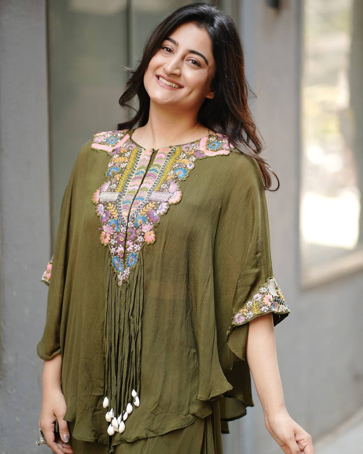 Olive Green Chinon Embroidered Co-Ord Set