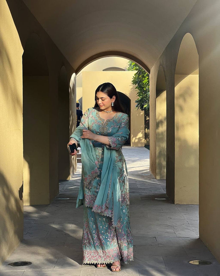 Sky Blue Chinon Embroidered Suit Set