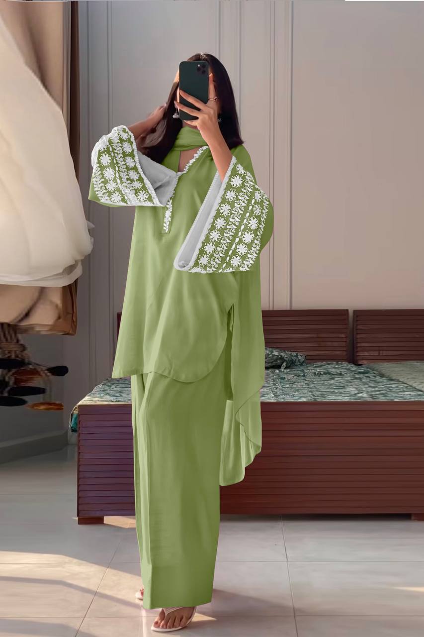 Graceful Charm Natural Satin Embroidered Kurta set