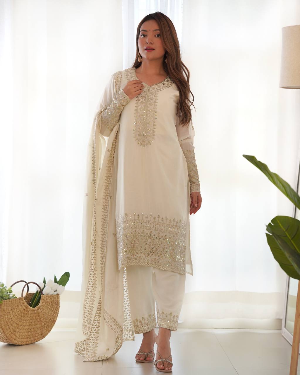 BEAUTIFUL WHITE COLOR PURE CHINON SILK KURTA SET WITH DUPPTA