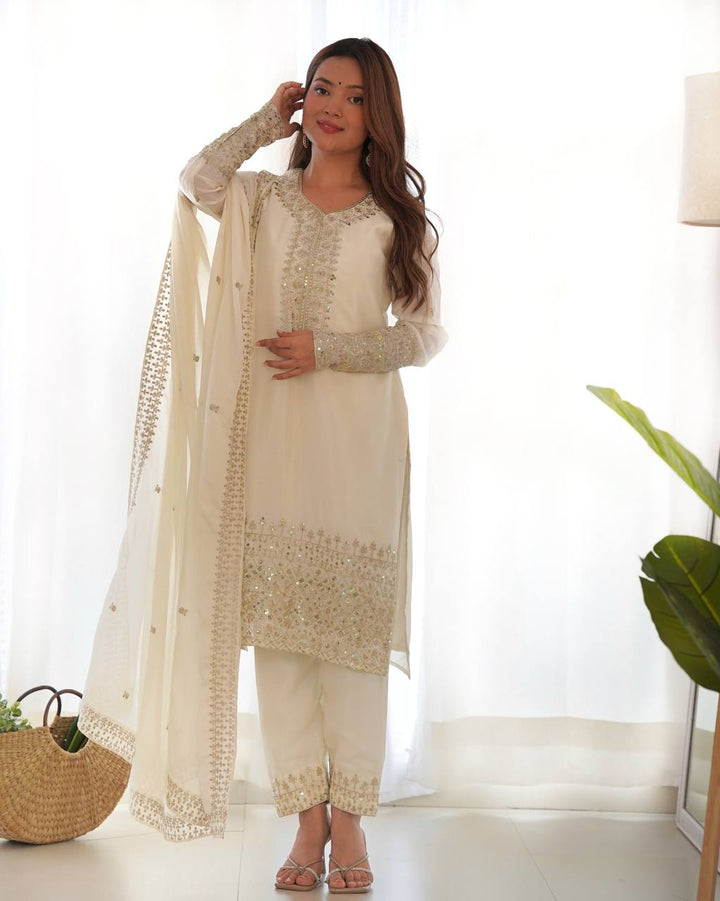 BEAUTIFUL WHITE COLOR PURE CHINON SILK KURTA SET WITH DUPPTA