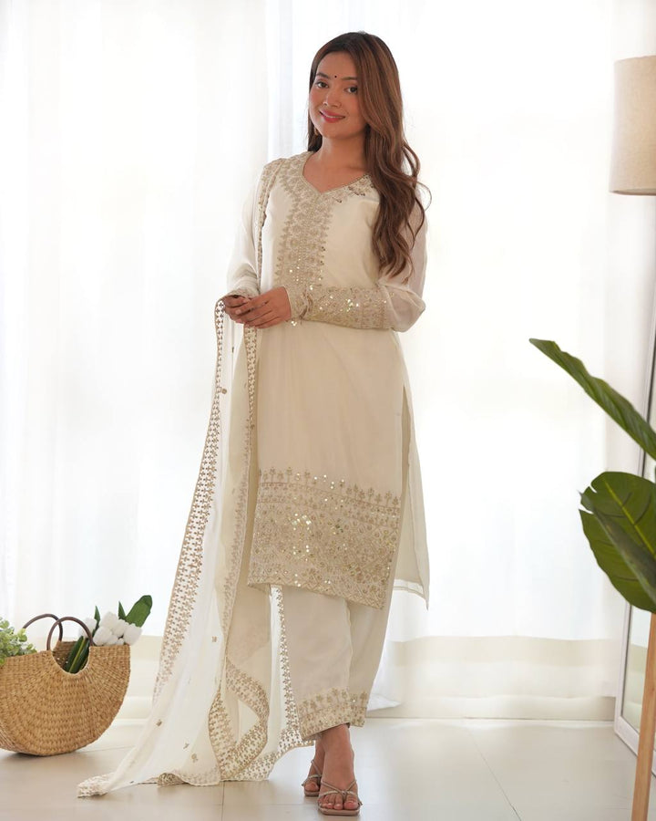 BEAUTIFUL WHITE COLOR PURE CHINON SILK KURTA SET WITH DUPPTA