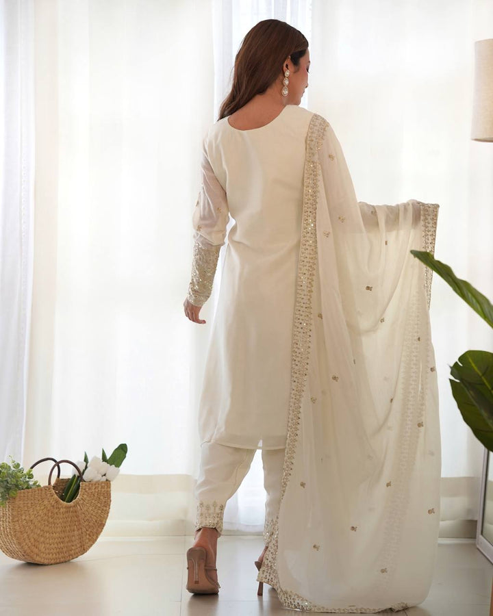 BEAUTIFUL WHITE COLOR PURE CHINON SILK KURTA SET WITH DUPPTA
