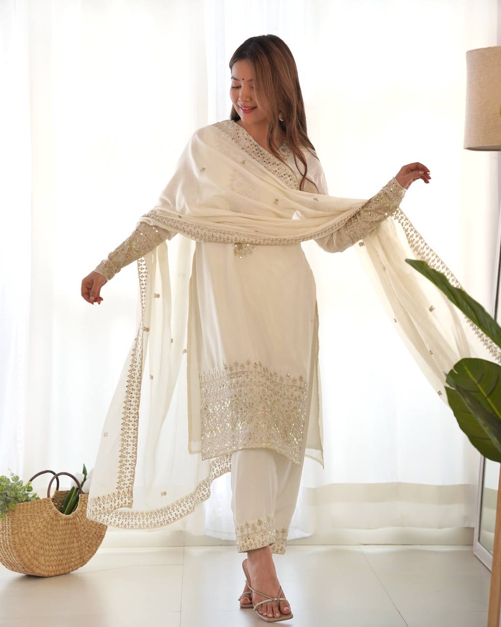 BEAUTIFUL WHITE COLOR PURE CHINON SILK KURTA SET WITH DUPPTA