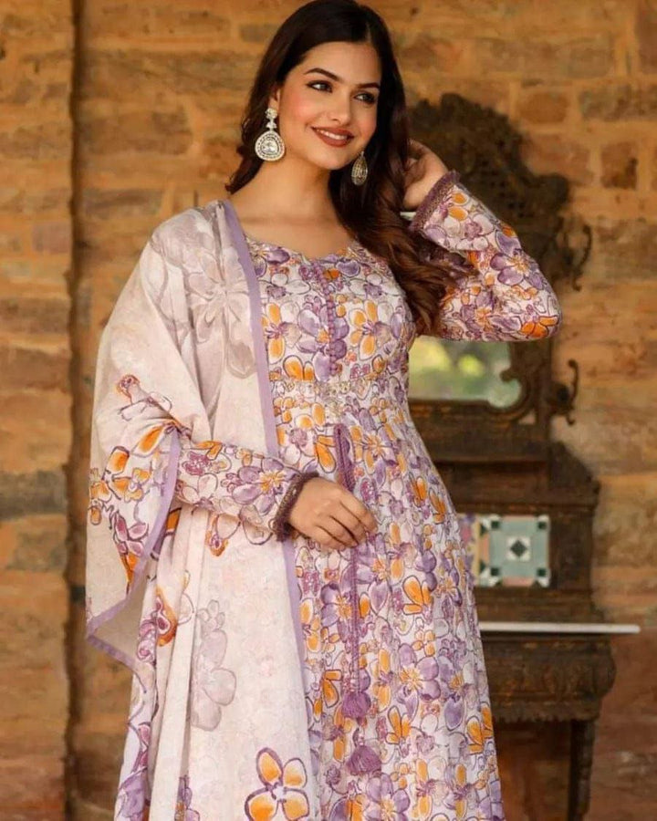 DESIGNER REYON PRINTED ANARKALI KURTI WITH BOTTOM DUPATTA