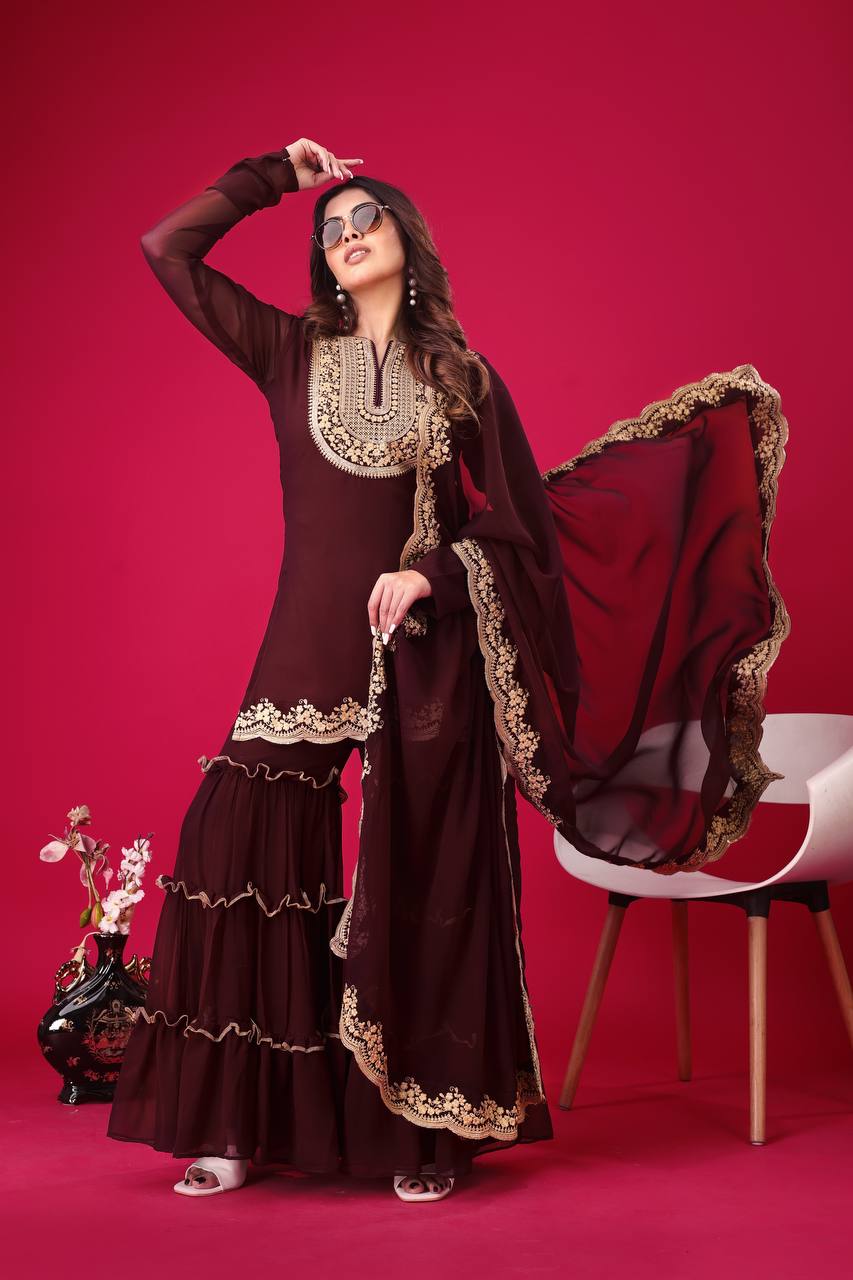 Blooming Faux Georgette Sharara Set :3 piece suit(top,bottom&dupatta)